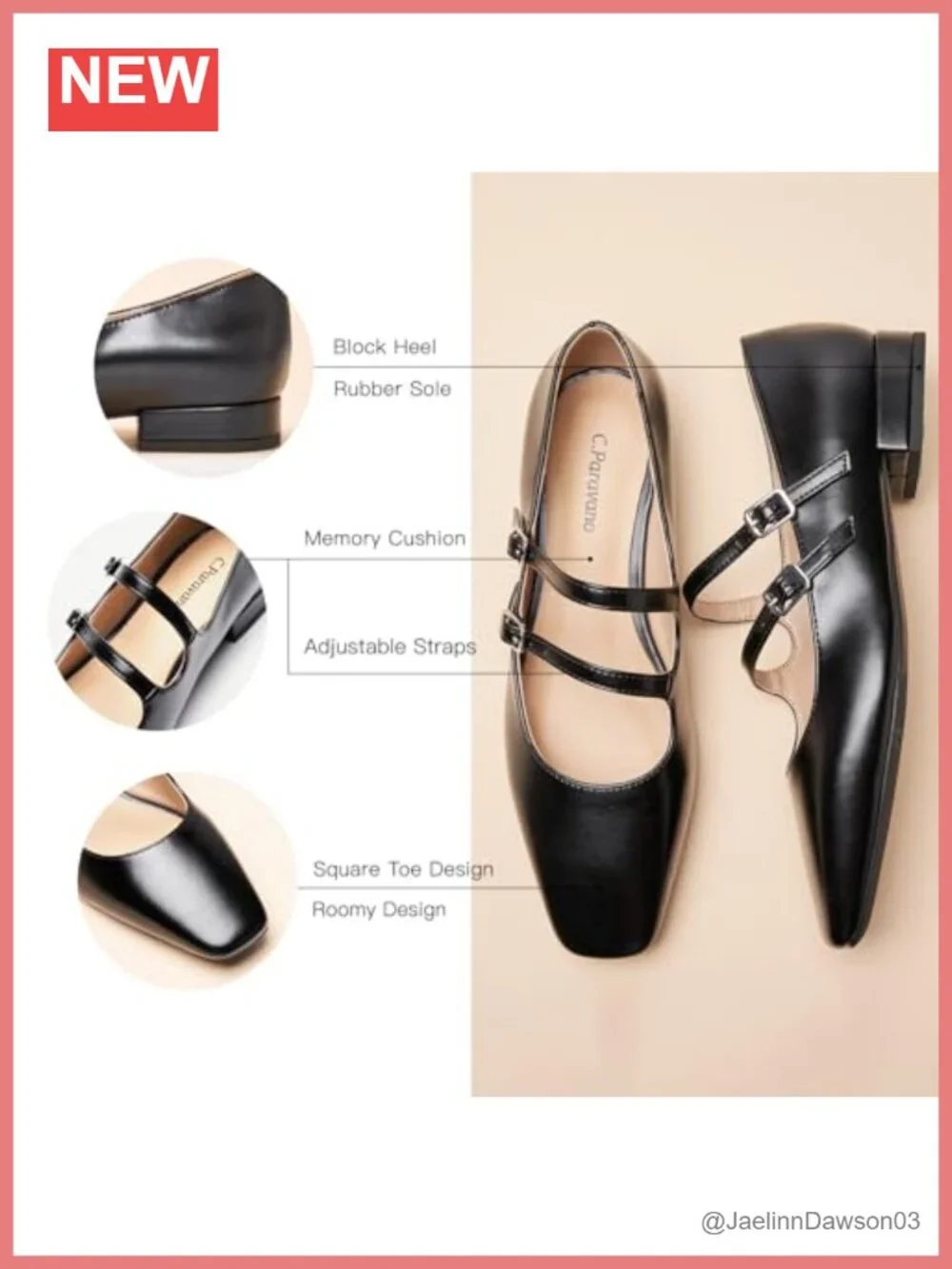 Women's Square Toe Mary Jane Flats with Low Block Heel - Lambskin Leather